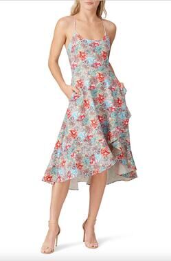 Black Halo Floral Marie Dress 14 L Hi Low Blue Pink Midi Flare Tiered Faux Wrap